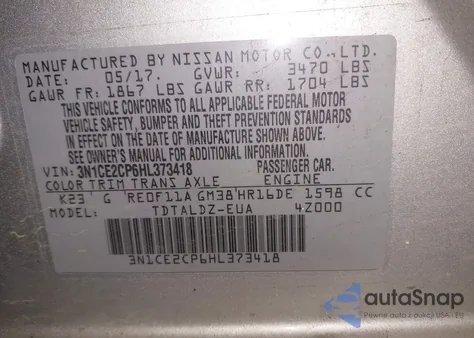 2017 Nissan Versa Note Sv from USA, damaged, VIN 3N1CE2CP6HL373418